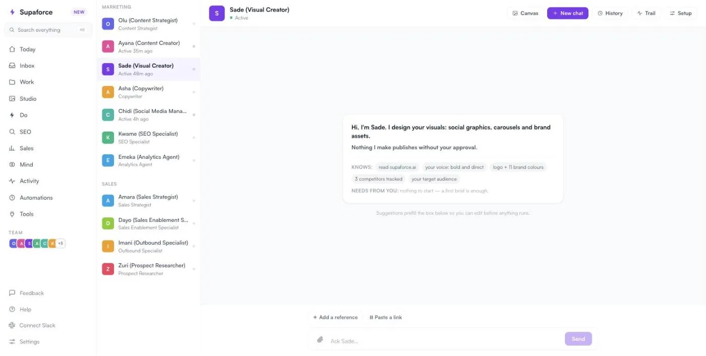 The Visual Creator's desk: the team on the left and a new conversation