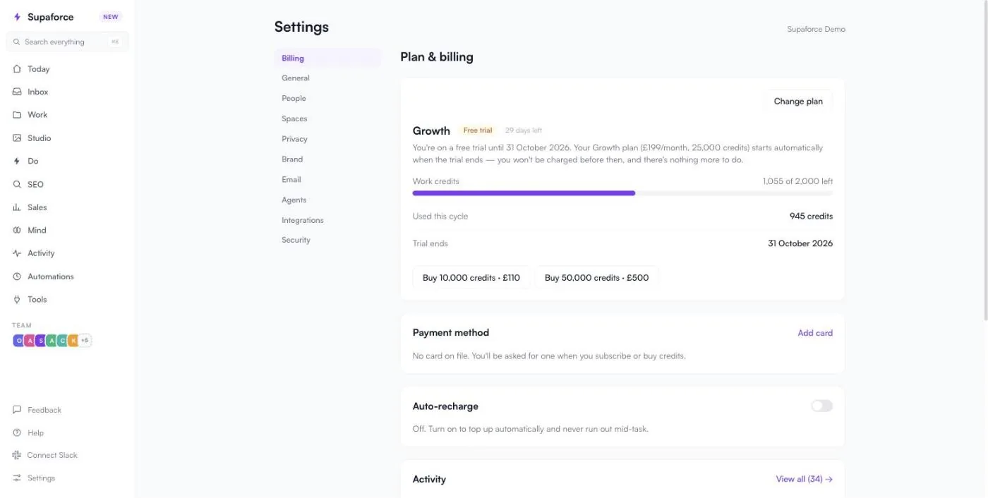 Settings, Billing: the plan, credits left, top-up buttons, payment method and auto-recharge