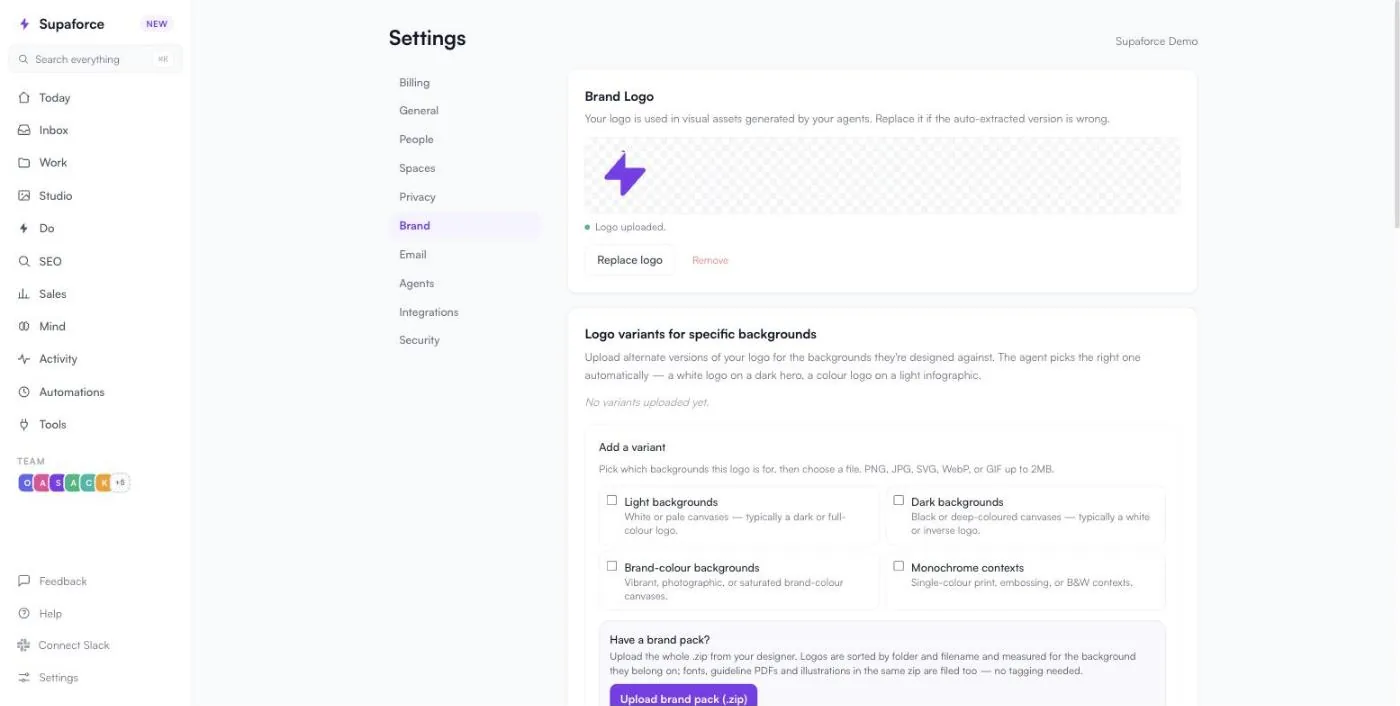 Settings, Brand: the brand logo and logo variants for different backgrounds