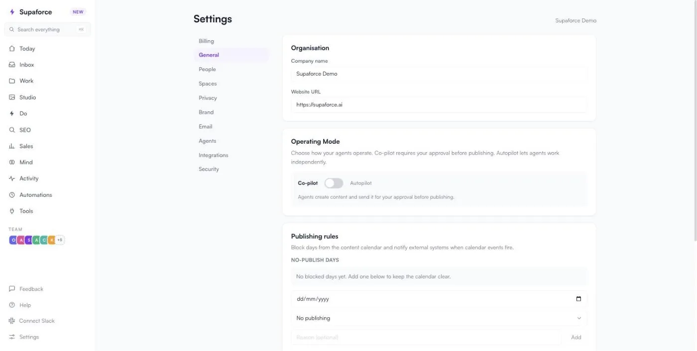 Settings, General: Organisation, Operating Mode and Publishing rules