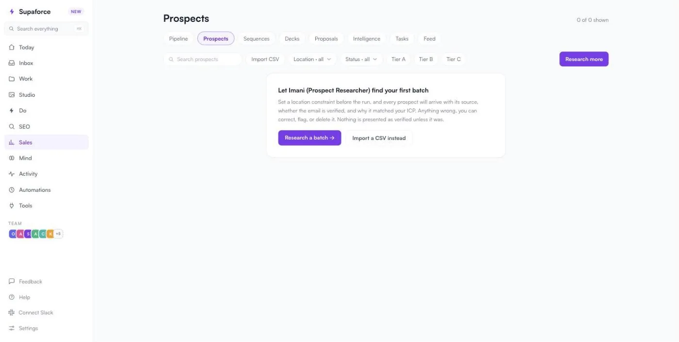 The Prospects page before the first batch, with Research a batch and Import a CSV instead