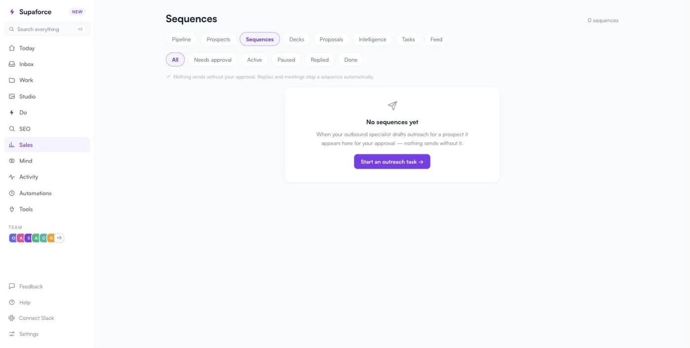 The Sequences page, with status filters and the promise that nothing sends without approval