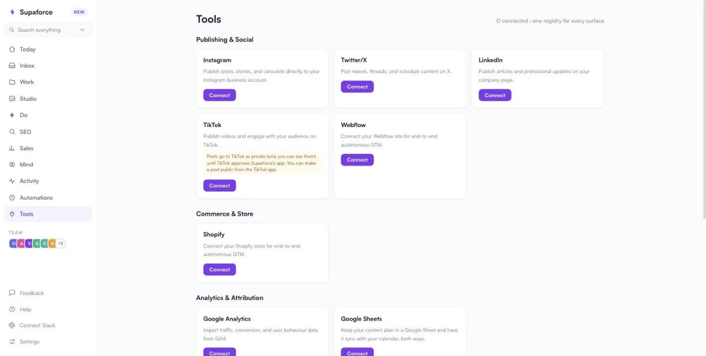 The Tools page with Instagram, X, LinkedIn, TikTok, Webflow, Shopify, Google Analytics and Google Sheets