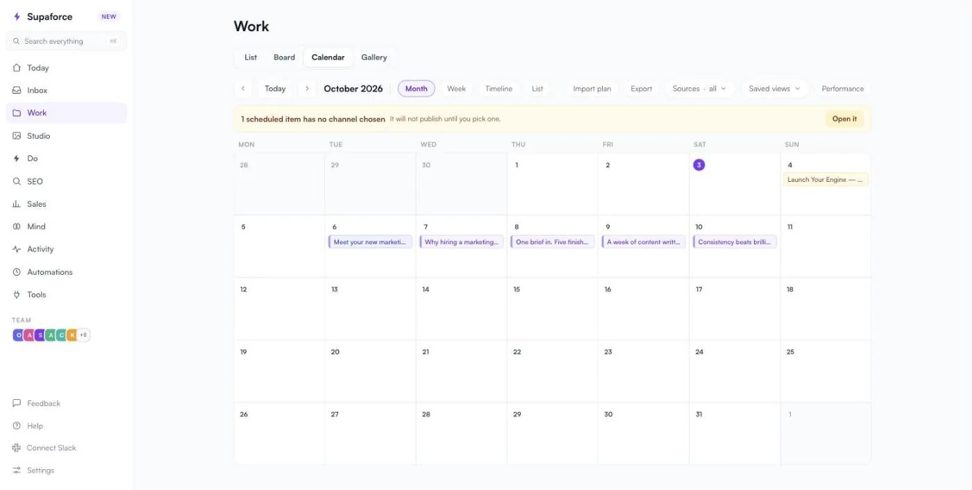The Work calendar for October, with a warning that one scheduled item has no channel