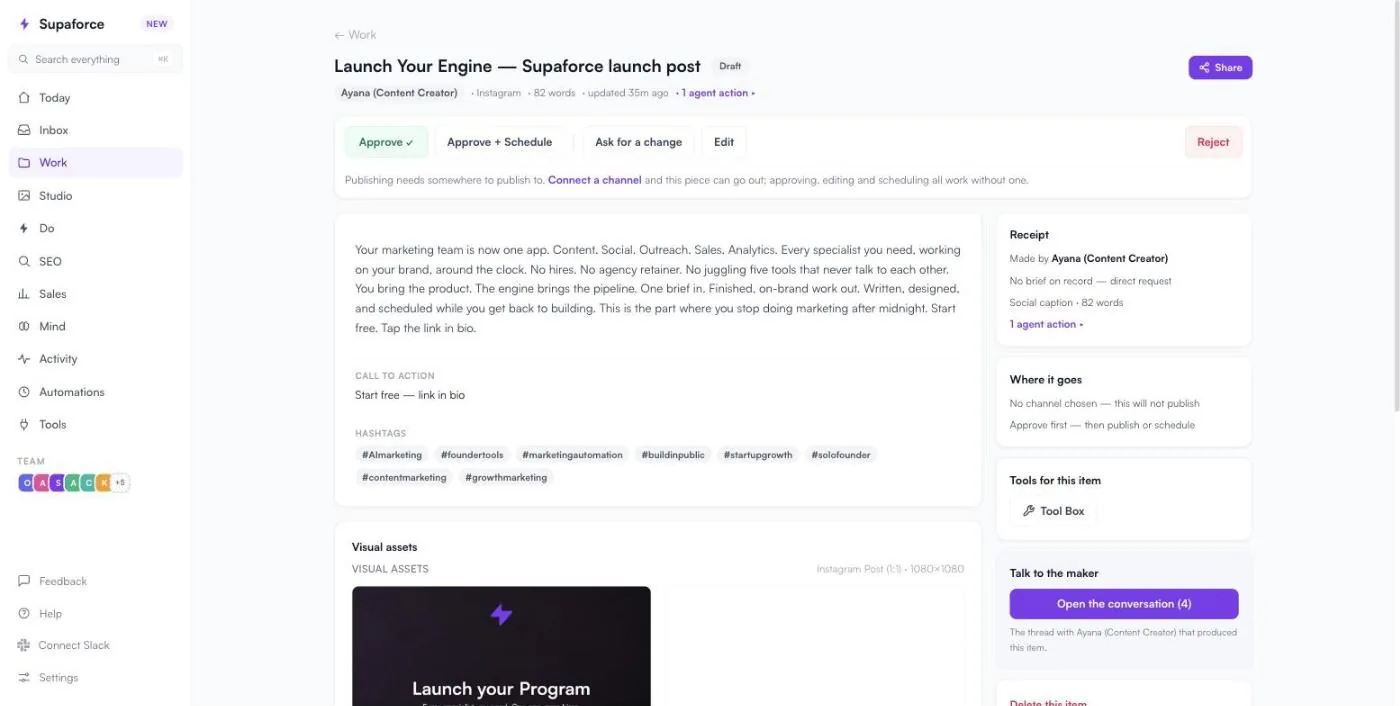 A draft Instagram post with Approve, Approve + Schedule, Ask for a change, Edit and Reject